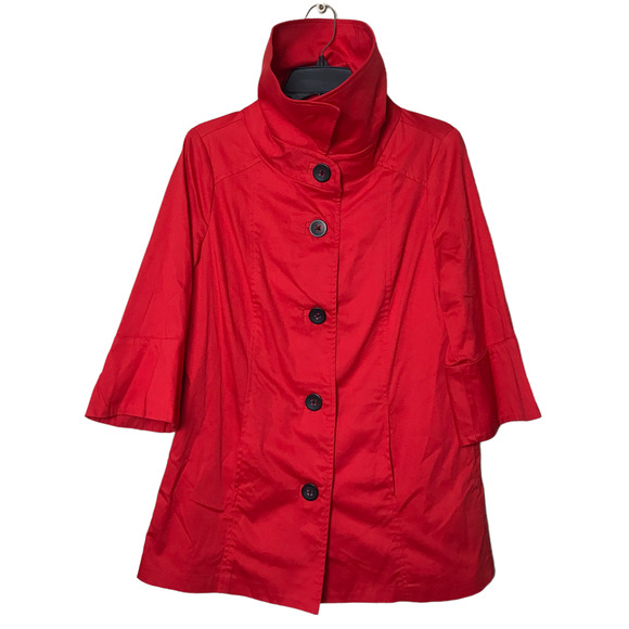 Attention Womens Mock Neck Jacket Red Size M Bell‎ Sleeves Button Front Pleaded - Picture 1 of 7